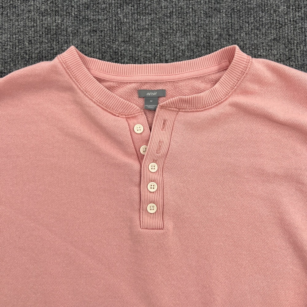 Aerie Henley Crop Sweatshirt Women Medium Pink Long Sleeve Raw Hem Comfy Lounge - Picture 3 of 8